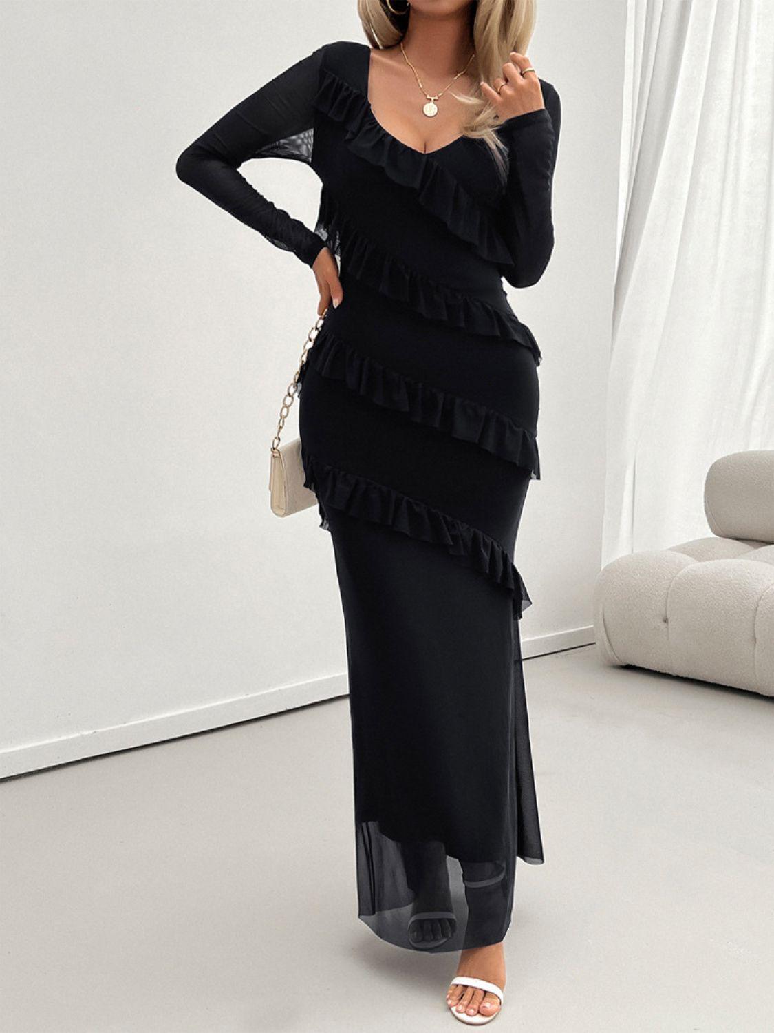 ruffled maxi dress-Devine Ruffled Surplice Long Sleeve Maxi Dress-shopluxelook.store