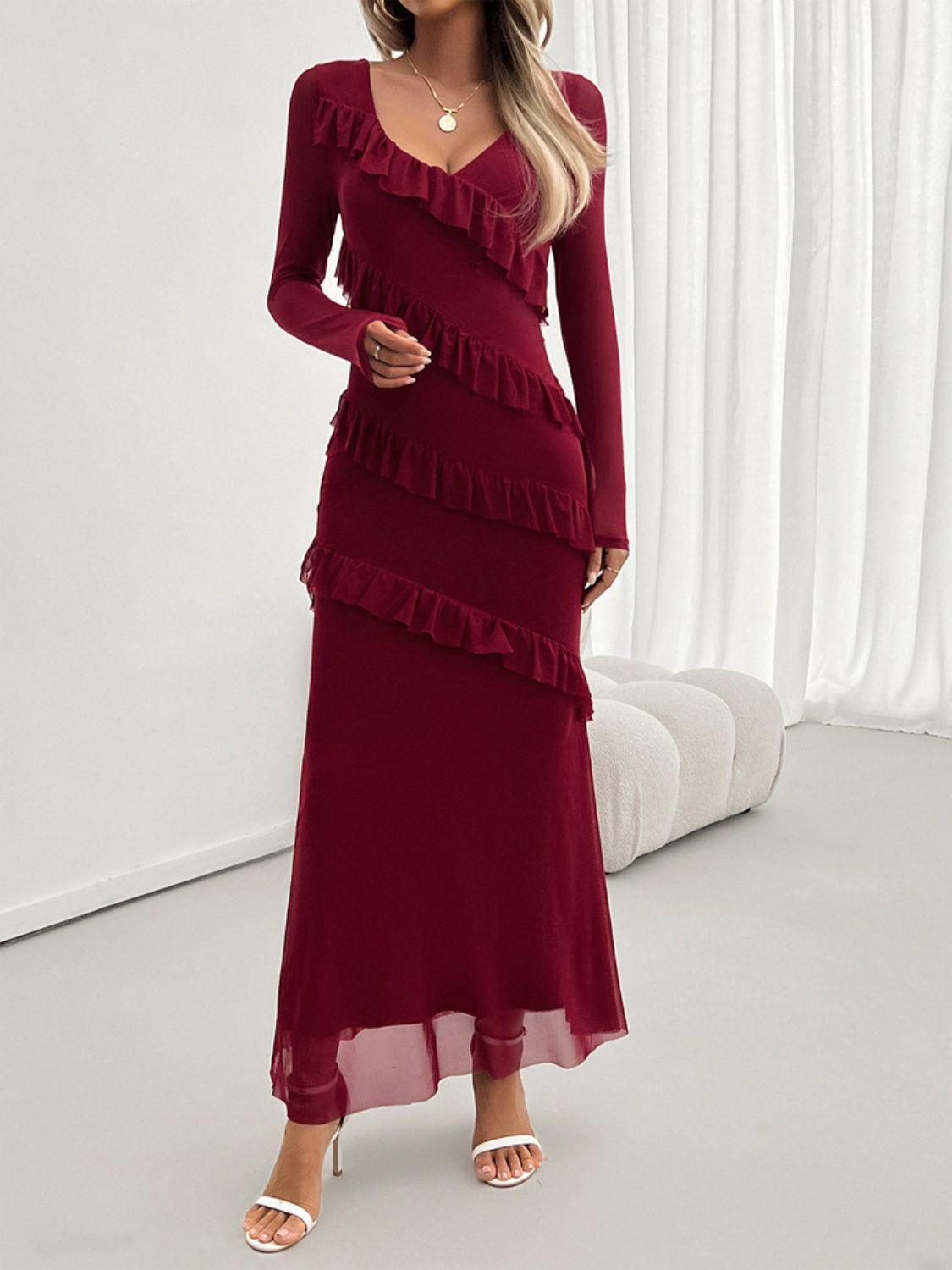 ruffled maxi dress-Devine Ruffled Surplice Long Sleeve Maxi Dress-shopluxelook.store