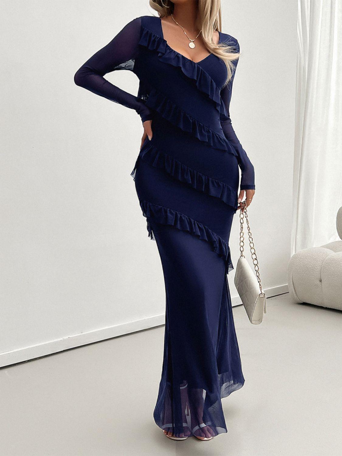 ruffled maxi dress-Devine Ruffled Surplice Long Sleeve Maxi Dress-shopluxelook.store