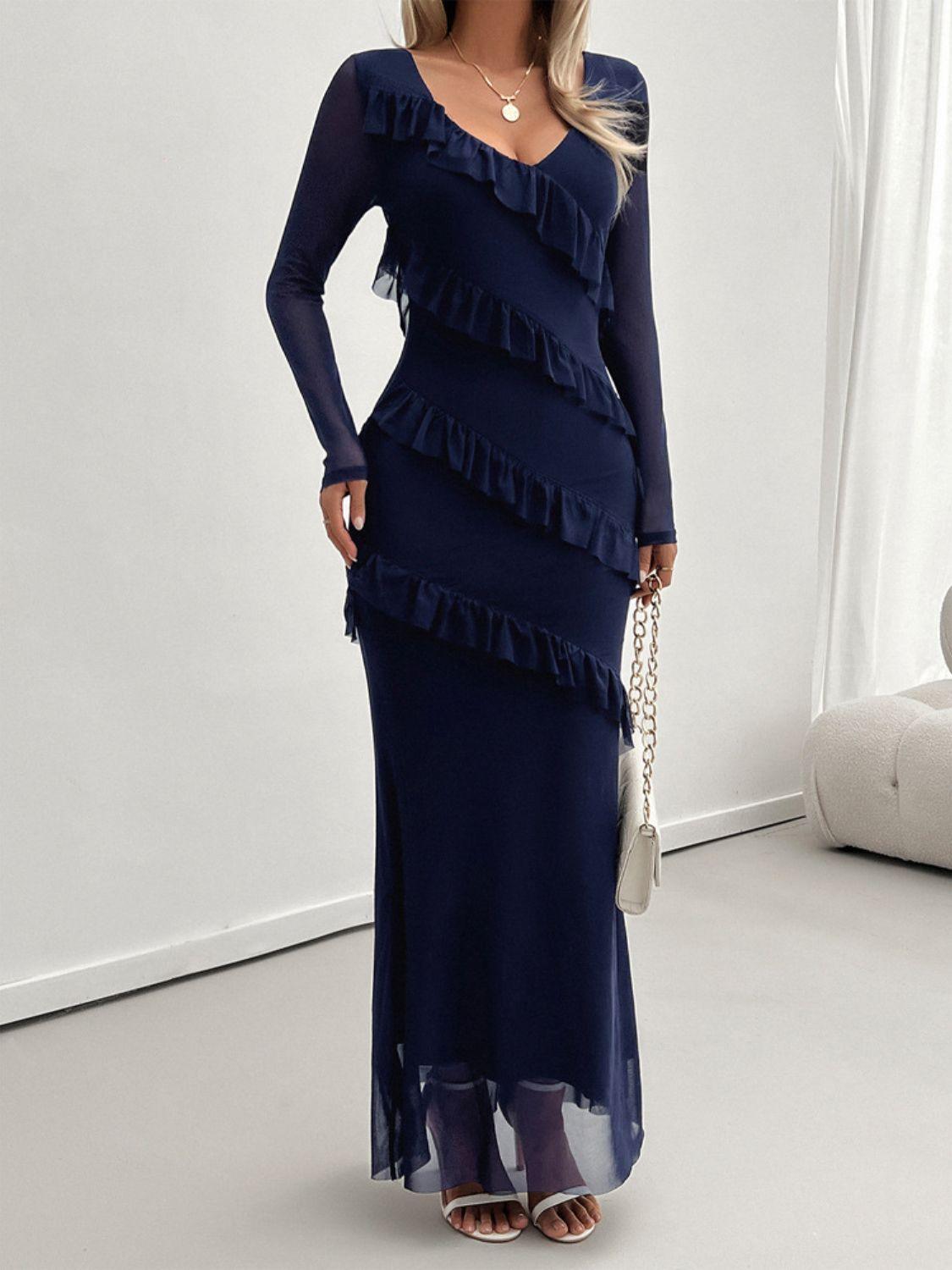 ruffled maxi dress-Devine Ruffled Surplice Long Sleeve Maxi Dress-shopluxelook.store