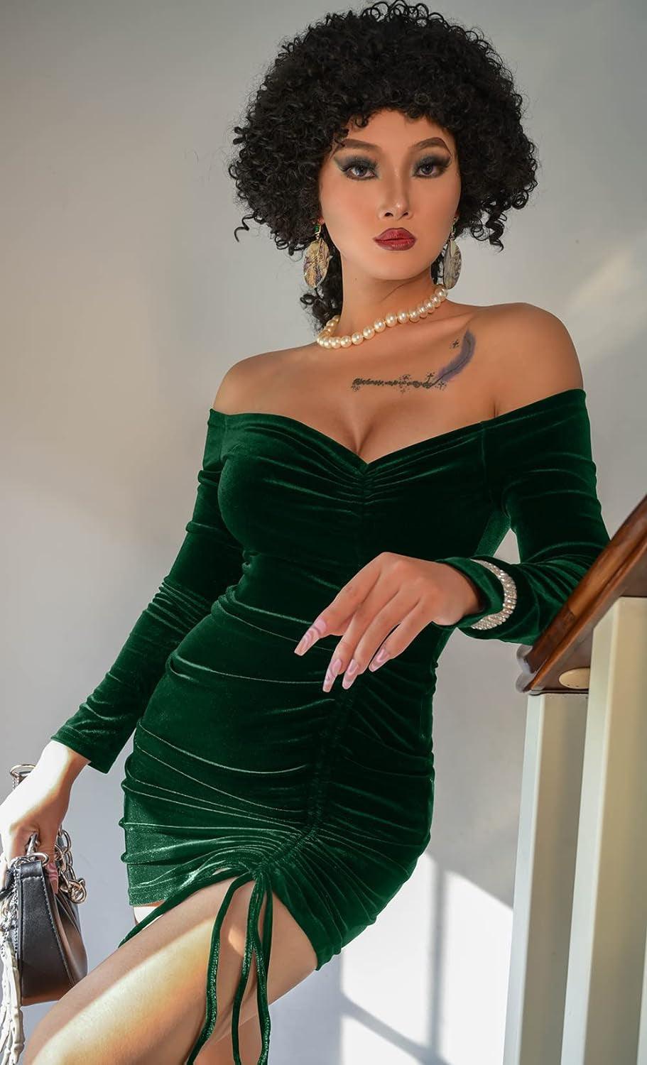 womens velvet bodycon dress-Emerald Velvet Off Shoulder Ruched Mini Dress-shopluxelook.store