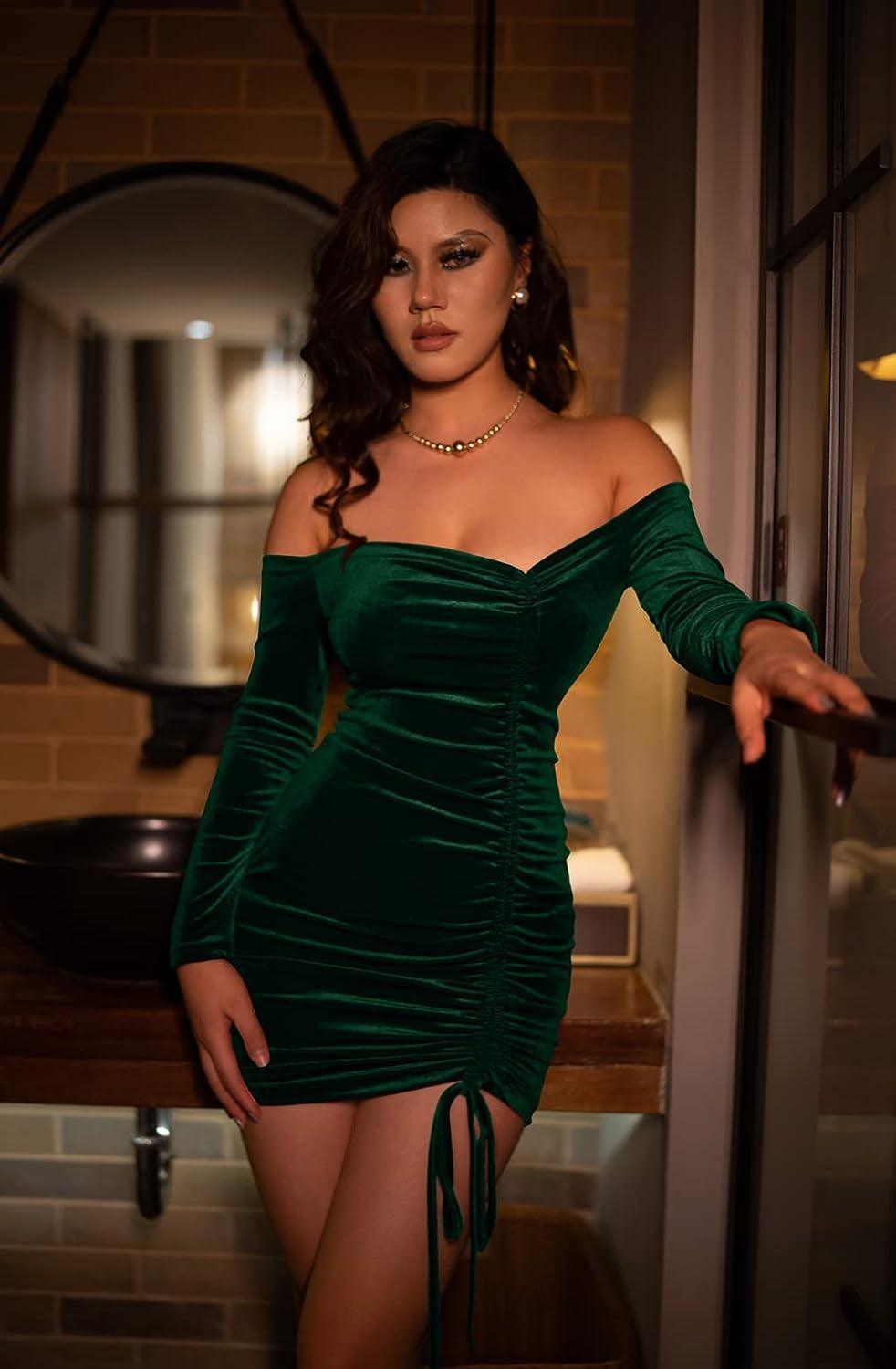 Emerald Velvet Off Shoulder Ruched Mini Dress-shopluxelook.store