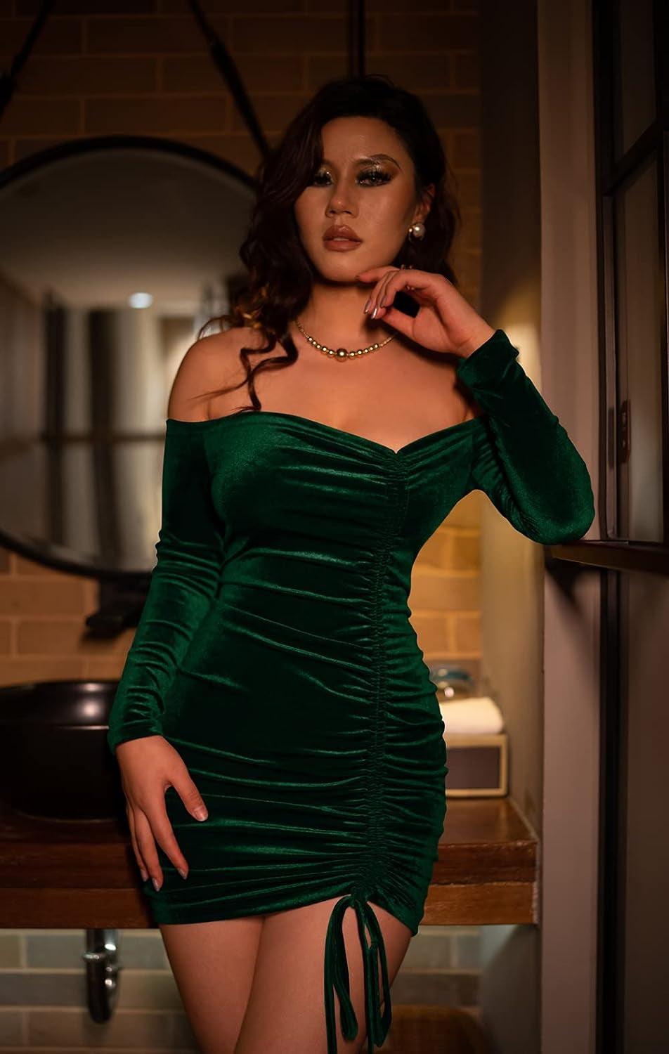 womens velvet bodycon dress-Emerald Velvet Off Shoulder Ruched Mini Dress-shopluxelook.store