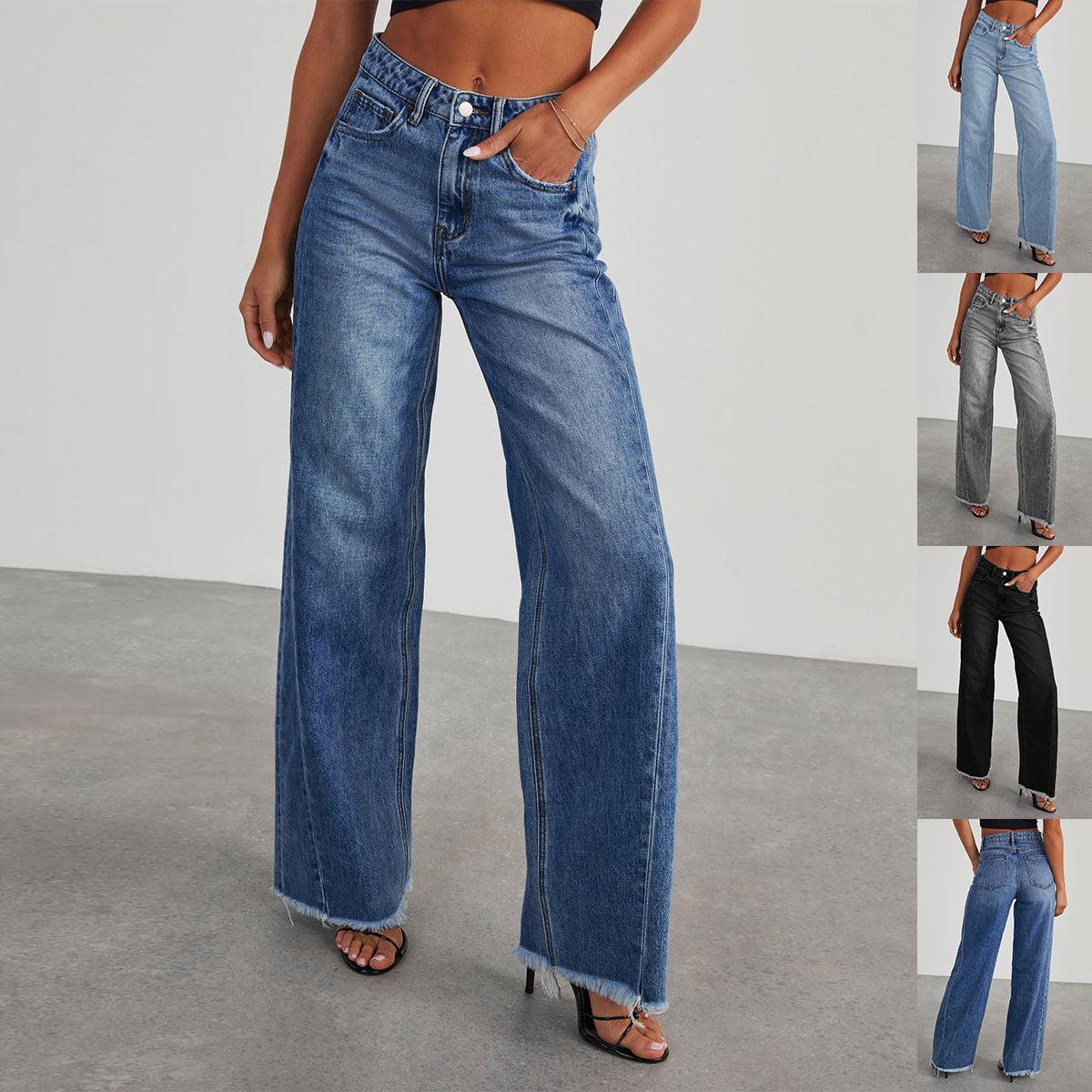 high waist jeans-Fashion High Waist Jeans With Pockets Comfortable Slim Fit Straight Wide-leg Pants Womens Clothing-shopluxelook.store