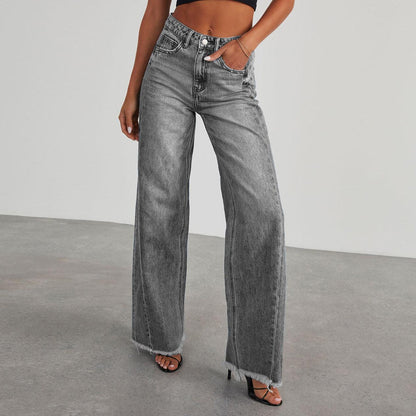 Fashion High Waist Jeans With Pockets Comfortable Slim Fit Straight Wide-leg Pants Womens Clothing-shopluxelook.store