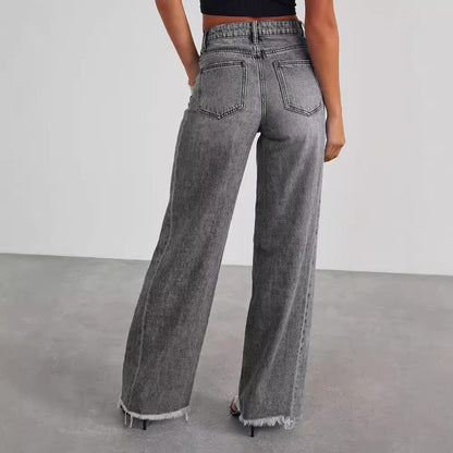 Fashion High Waist Jeans With Pockets Comfortable Slim Fit Straight Wide-leg Pants Womens Clothing-shopluxelook.store