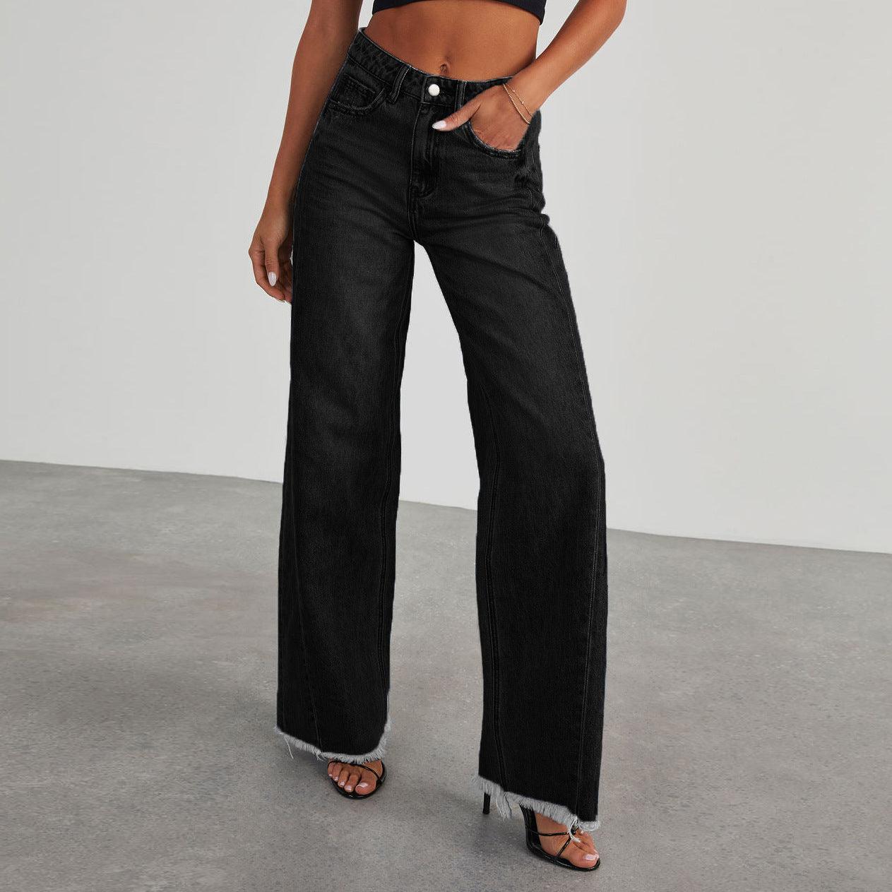 Fashion High Waist Jeans With Pockets Comfortable Slim Fit Straight Wide-leg Pants Womens Clothing-shopluxelook.store