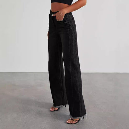 Fashion High Waist Jeans With Pockets Comfortable Slim Fit Straight Wide-leg Pants Womens Clothing-shopluxelook.store