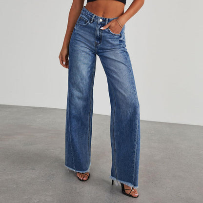 Fashion High Waist Jeans With Pockets Comfortable Slim Fit Straight Wide-leg Pants Womens Clothing-shopluxelook.store