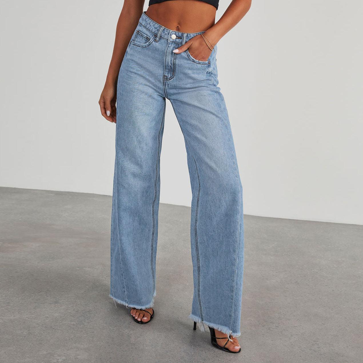 high waist jeans-Fashion High Waist Jeans With Pockets Comfortable Slim Fit Straight Wide-leg Pants Womens Clothing-shopluxelook.store