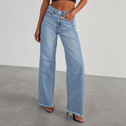 Fashion High Waist Jeans With Pockets Comfortable Slim Fit Straight Wide-leg Pants Womens Clothing-shopluxelook.store