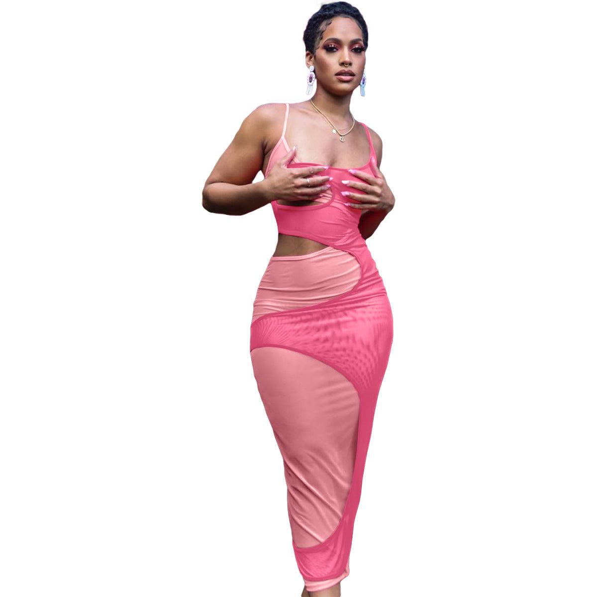 hollowed-out mesh dress-Fashion Hollowed-Out Split-Layer Sling Mesh Dress-shopluxelook.store