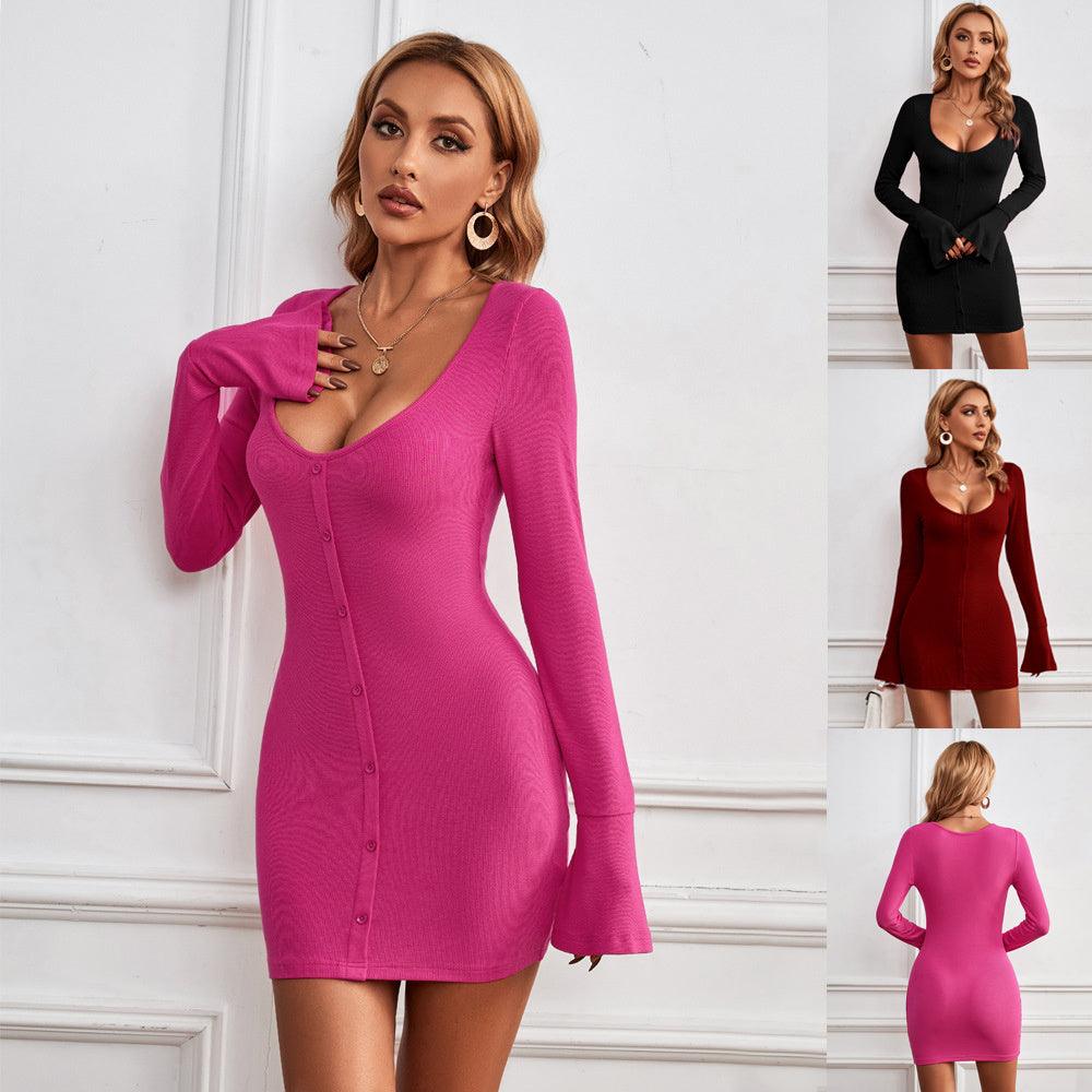 hip hugging dress-Fashion Single-breasted U-neck Long-sleeved Dress Sexy Slim Hip-hugging Short Dresses Womens Clothing-shopluxelook.store