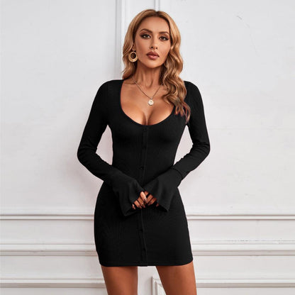 Fashion Single-breasted U-neck Long-sleeved Dress Sexy Slim Hip-hugging Short Dresses Womens Clothing-shopluxelook.store