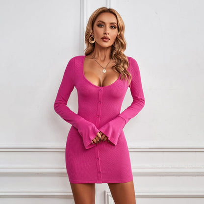 Fashion Single-breasted U-neck Long-sleeved Dress Sexy Slim Hip-hugging Short Dresses Womens Clothing-shopluxelook.store