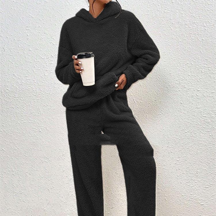 Fleece-lined Hooded Long Sleeve Dimensional Patch Pocket Casual Trousers Solid Color Suit-shopluxelook.store