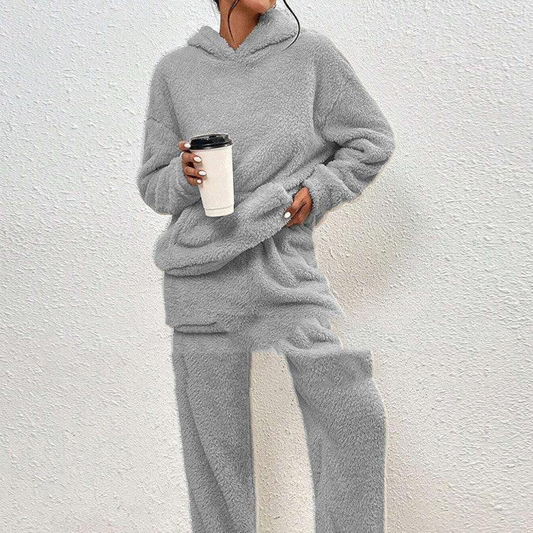 Fleece-lined Hooded Long Sleeve Dimensional Patch Pocket Casual Trousers Solid Color Suit-shopluxelook.store