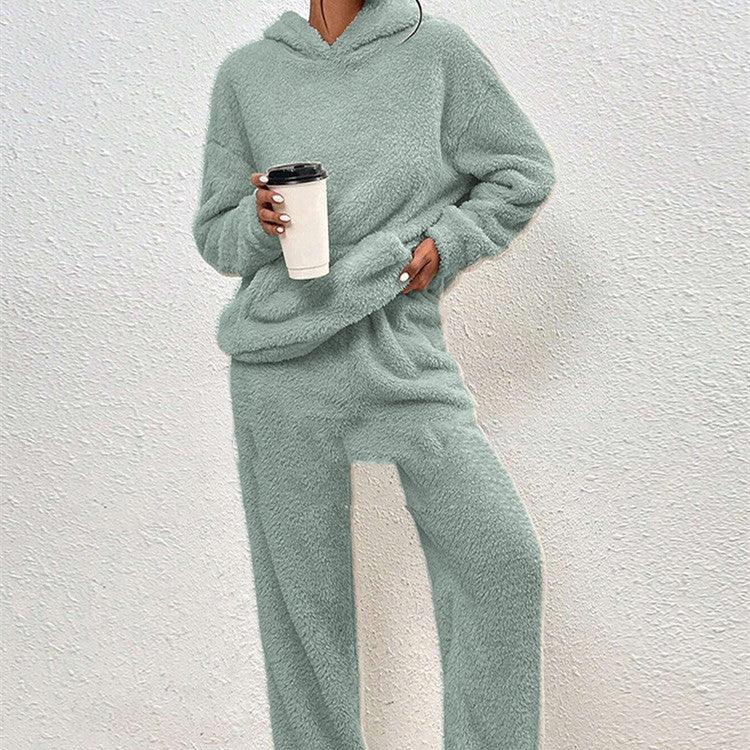 Fleece-lined Hooded Long Sleeve Dimensional Patch Pocket Casual Trousers Solid Color Suit-shopluxelook.store