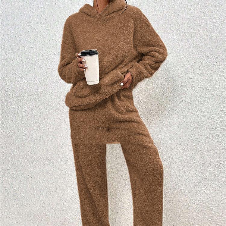 Fleece-lined Hooded Long Sleeve Dimensional Patch Pocket Casual Trousers Solid Color Suit-shopluxelook.store