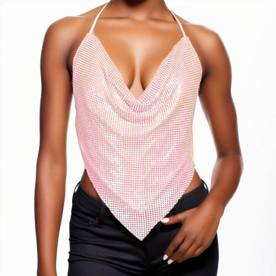 Halter Top Light Pink Metal Mesh for Women-shopluxelook.store