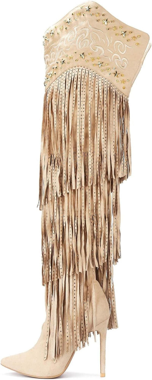 High Tide Over-the-Knee Cowboy Boots for Women - Stylish Fringe Design in Nude Size 7-shopluxelook.store