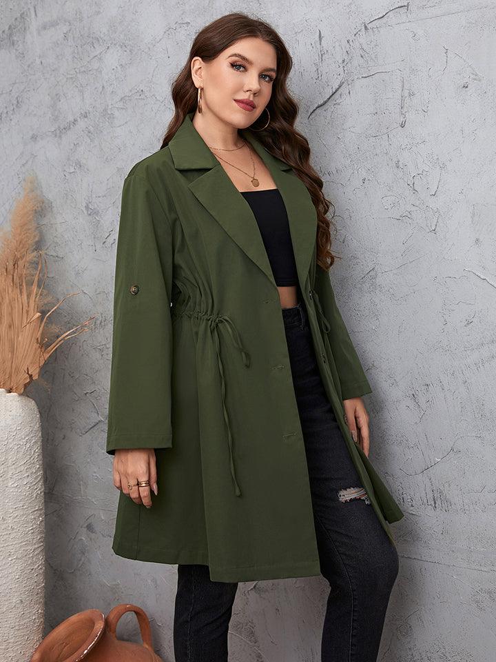 Honey Plus Size Trench Coat-Honey Plus Size Lapel Collar Roll-Tab Sleeve Trench Coat-shopluxelook.store