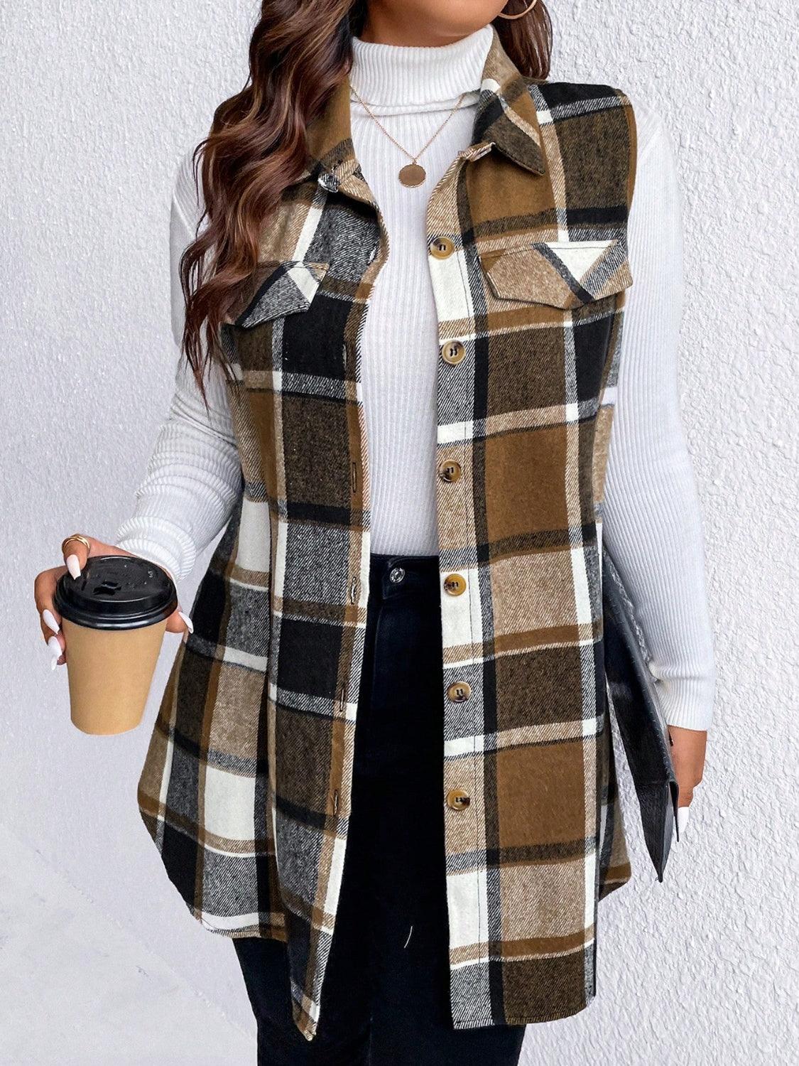 Honey Plus Size Pocketed Plaid Button Up Vest Coat-shopluxelook.store