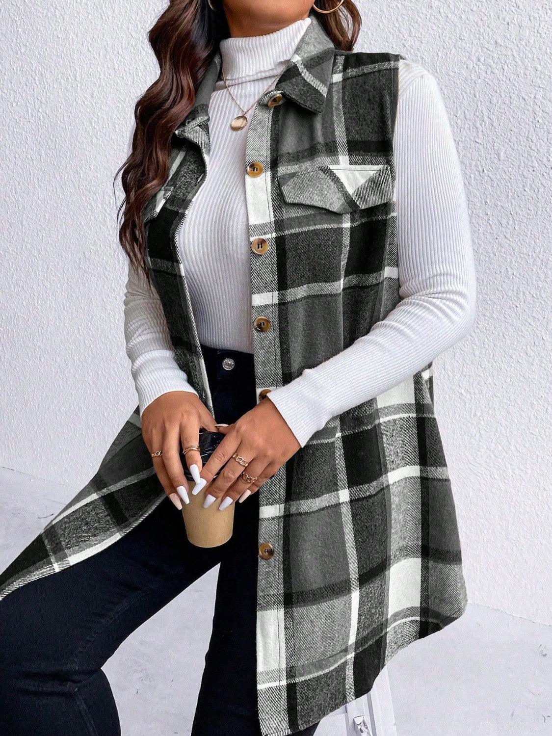 plaid vest coat-Honey Plus Size Pocketed Plaid Button Up Vest Coat-shopluxelook.store