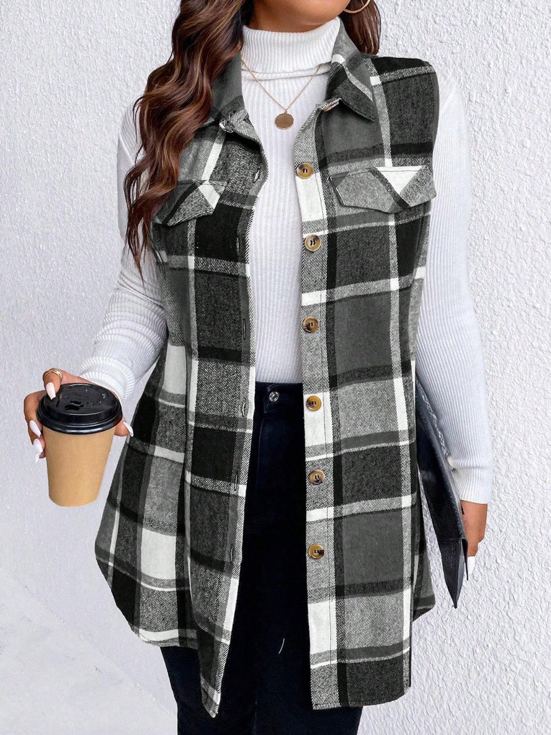 plaid vest coat-Honey Plus Size Pocketed Plaid Button Up Vest Coat-shopluxelook.store