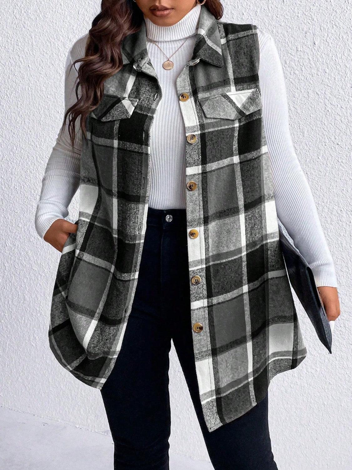 Honey Plus Size Pocketed Plaid Button Up Vest Coat-shopluxelook.store