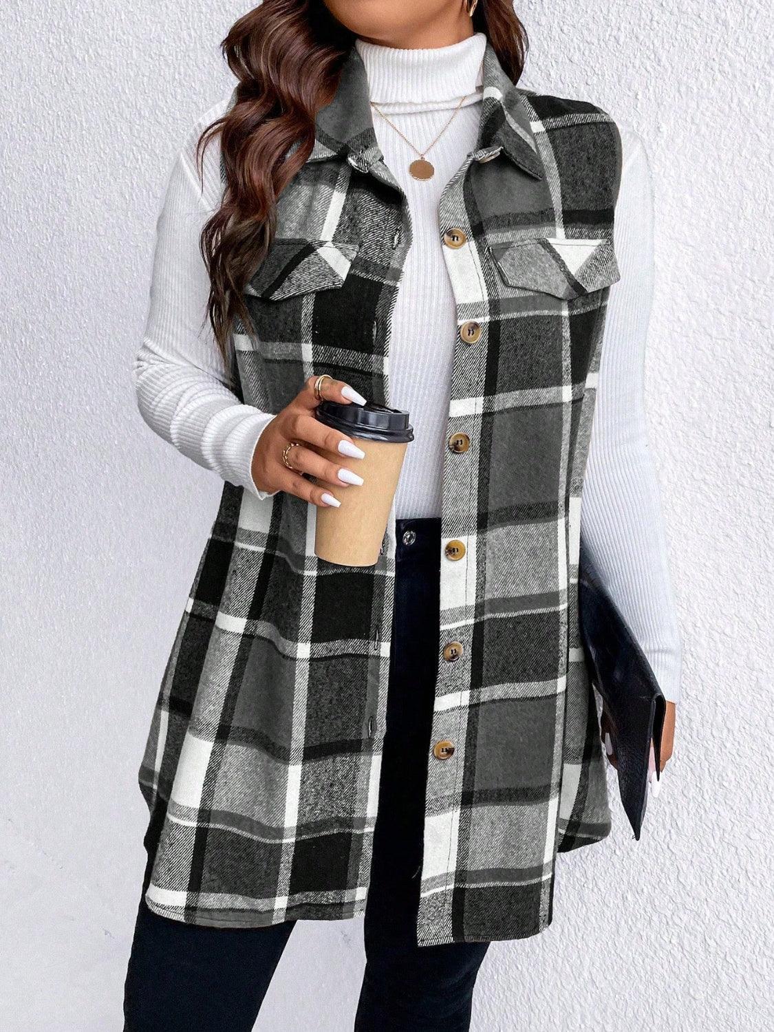 Honey Plus Size Pocketed Plaid Button Up Vest Coat-shopluxelook.store