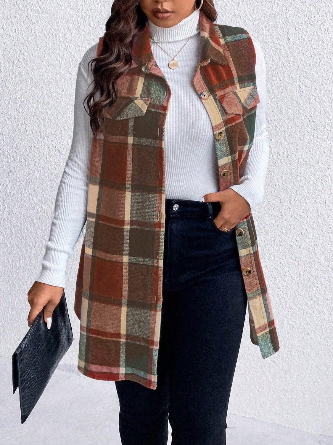 Honey Plus Size Pocketed Plaid Button Up Vest Coat-shopluxelook.store