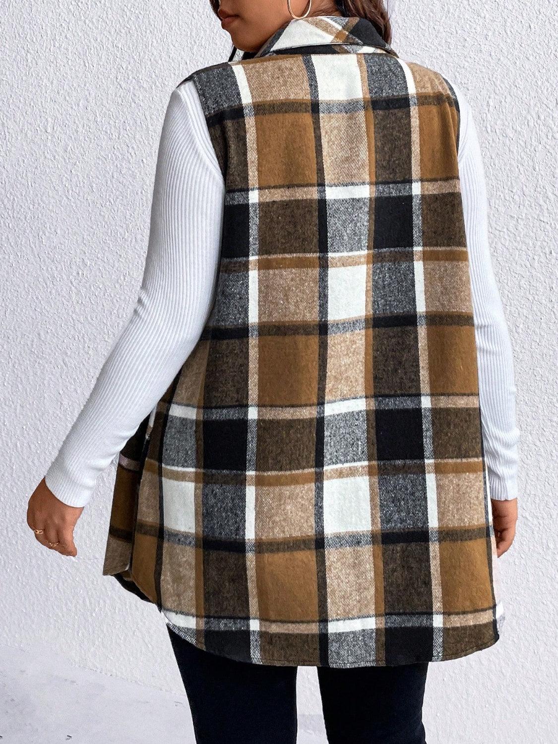 plaid vest coat-Honey Plus Size Pocketed Plaid Button Up Vest Coat-shopluxelook.store