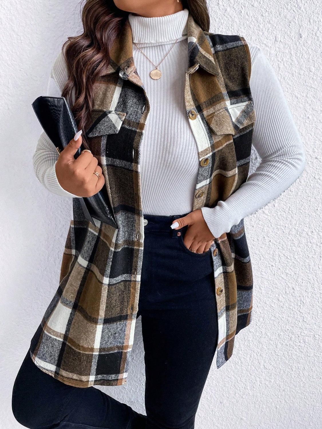 Honey Plus Size Pocketed Plaid Button Up Vest Coat-shopluxelook.store