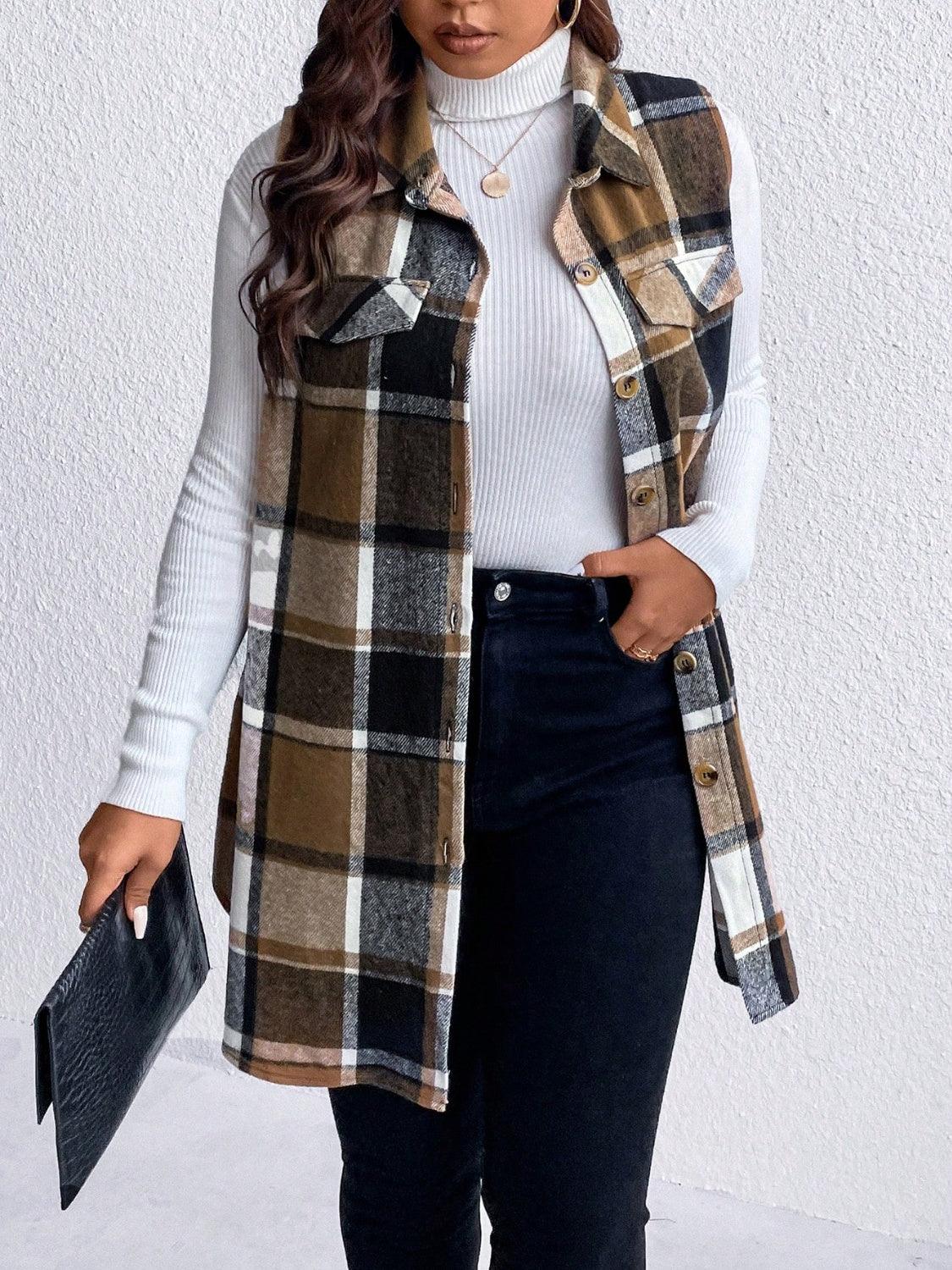 Honey Plus Size Pocketed Plaid Button Up Vest Coat-shopluxelook.store