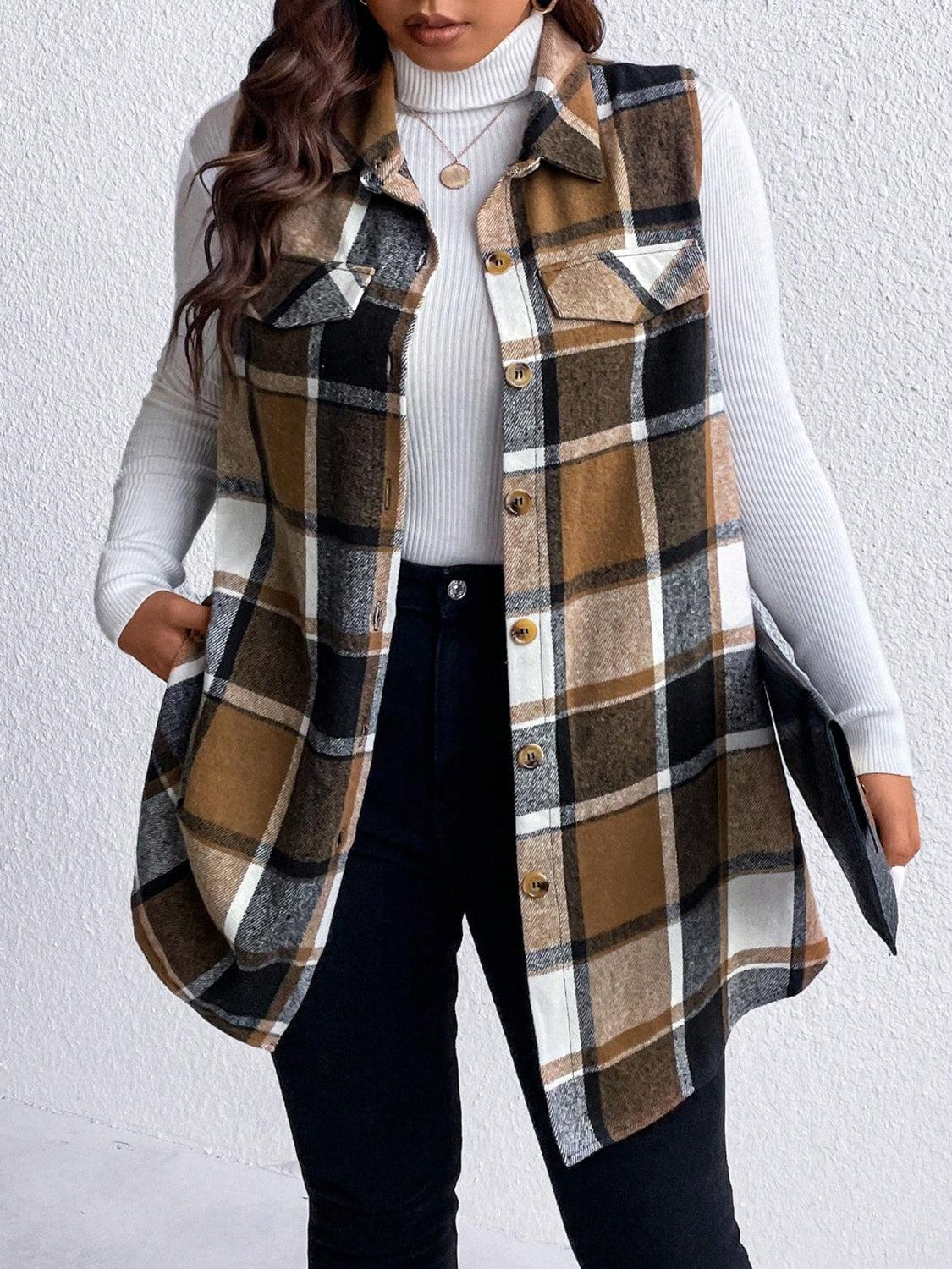 Honey Plus Size Pocketed Plaid Button Up Vest Coat-shopluxelook.store