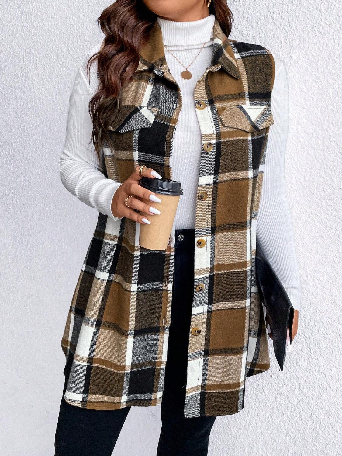 plaid vest coat-Honey Plus Size Pocketed Plaid Button Up Vest Coat-shopluxelook.store