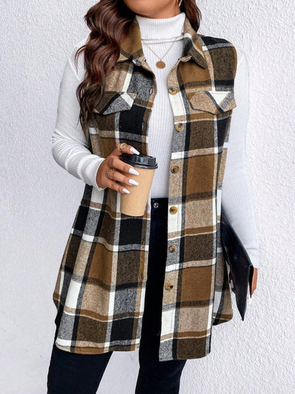 Honey Plus Size Pocketed Plaid Button Up Vest Coat-shopluxelook.store