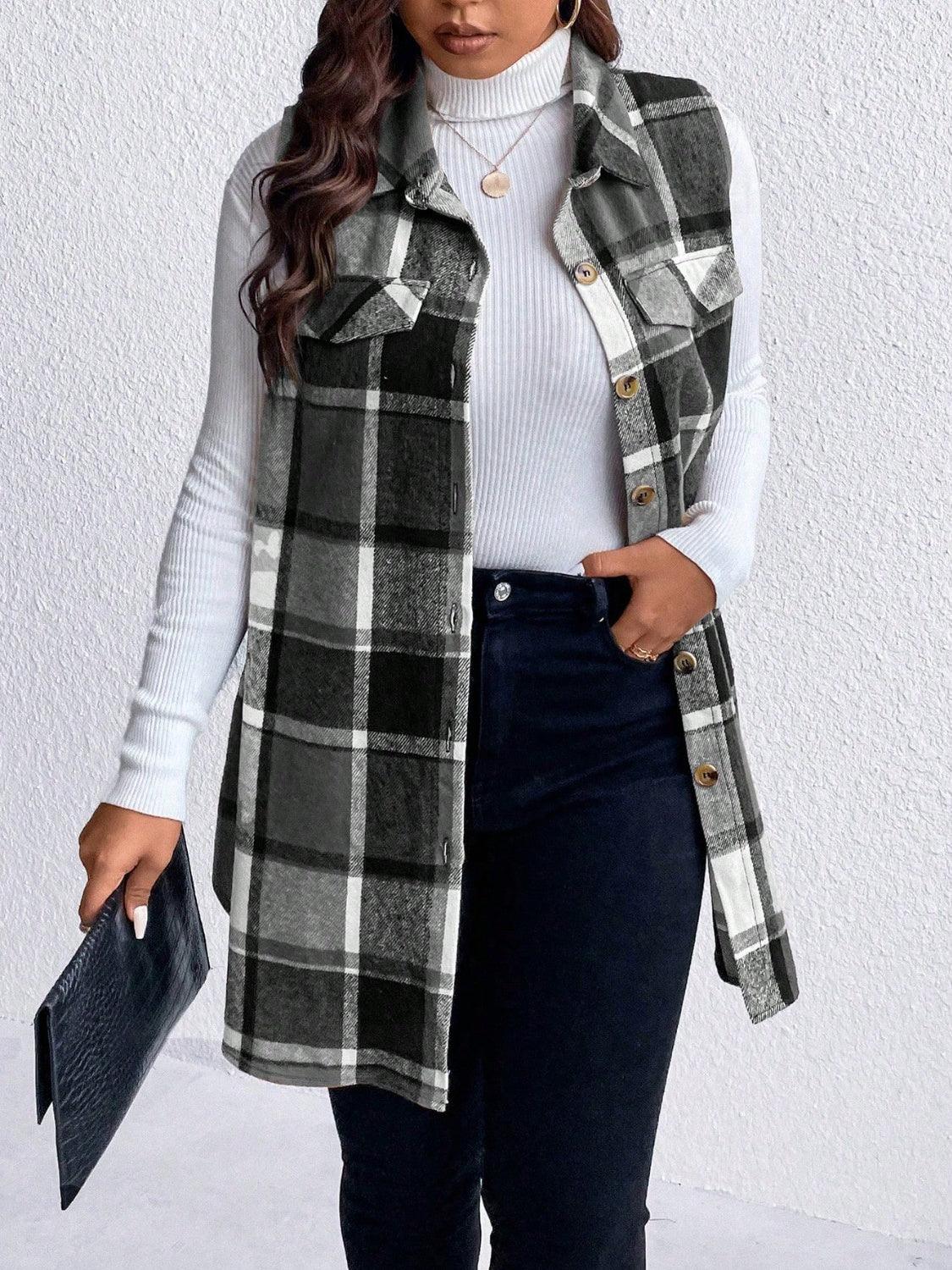 plaid vest coat-Honey Plus Size Pocketed Plaid Button Up Vest Coat-shopluxelook.store