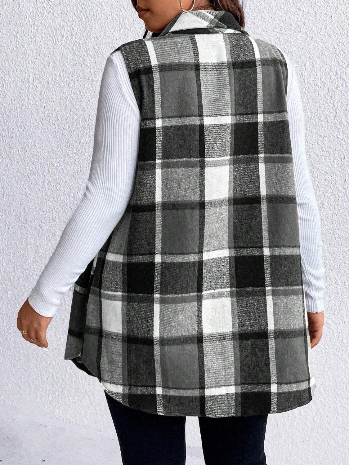 Honey Plus Size Pocketed Plaid Button Up Vest Coat-shopluxelook.store