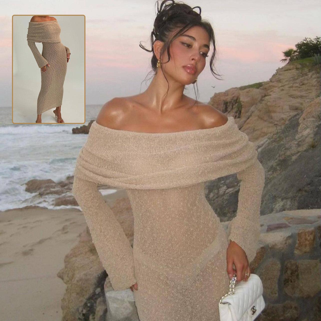 One-shoulder dress-New One-shoulder Knitted Long-sleeved Dress Sexy Beach Holiday Long Dresses Womens Clothing-shopluxelook.store