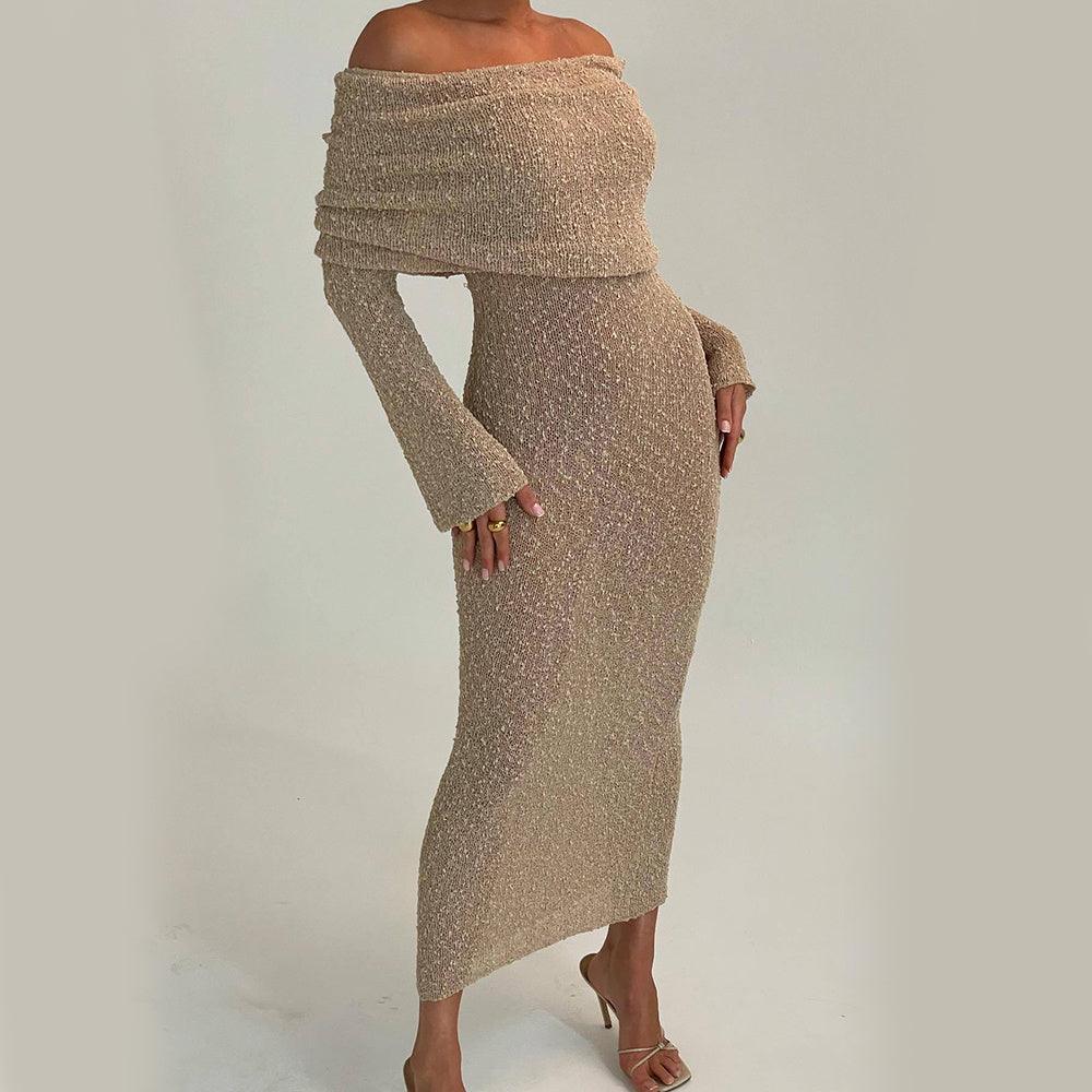 One-shoulder dress-New One-shoulder Knitted Long-sleeved Dress Sexy Beach Holiday Long Dresses Womens Clothing-shopluxelook.store