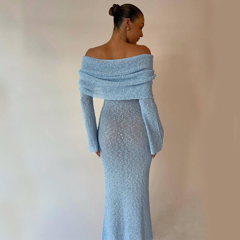 New One-shoulder Knitted Long-sleeved Dress Sexy Beach Holiday Long Dresses Womens Clothing-shopluxelook.store