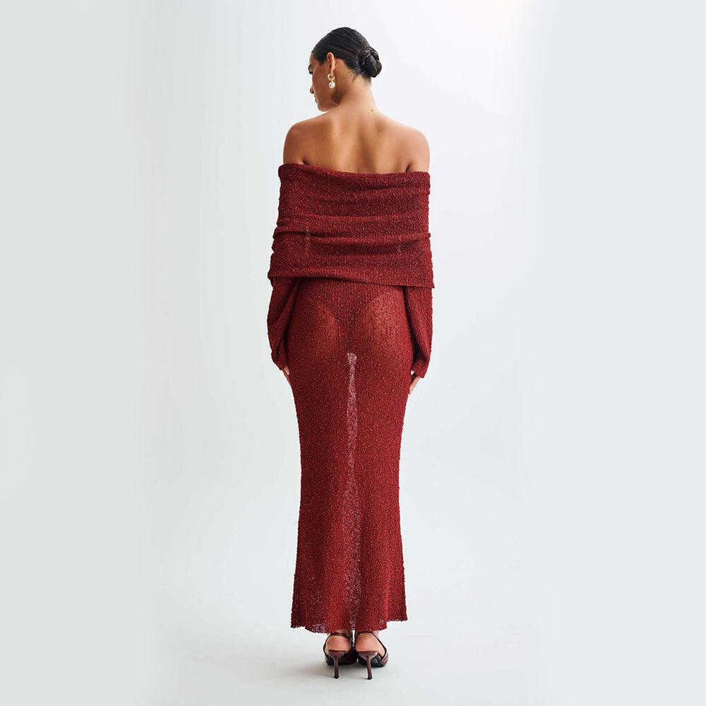 One-shoulder dress-New One-shoulder Knitted Long-sleeved Dress Sexy Beach Holiday Long Dresses Womens Clothing-shopluxelook.store