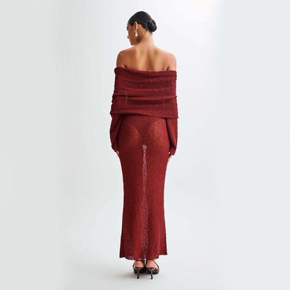 New One-shoulder Knitted Long-sleeved Dress Sexy Beach Holiday Long Dresses Womens Clothing-shopluxelook.store