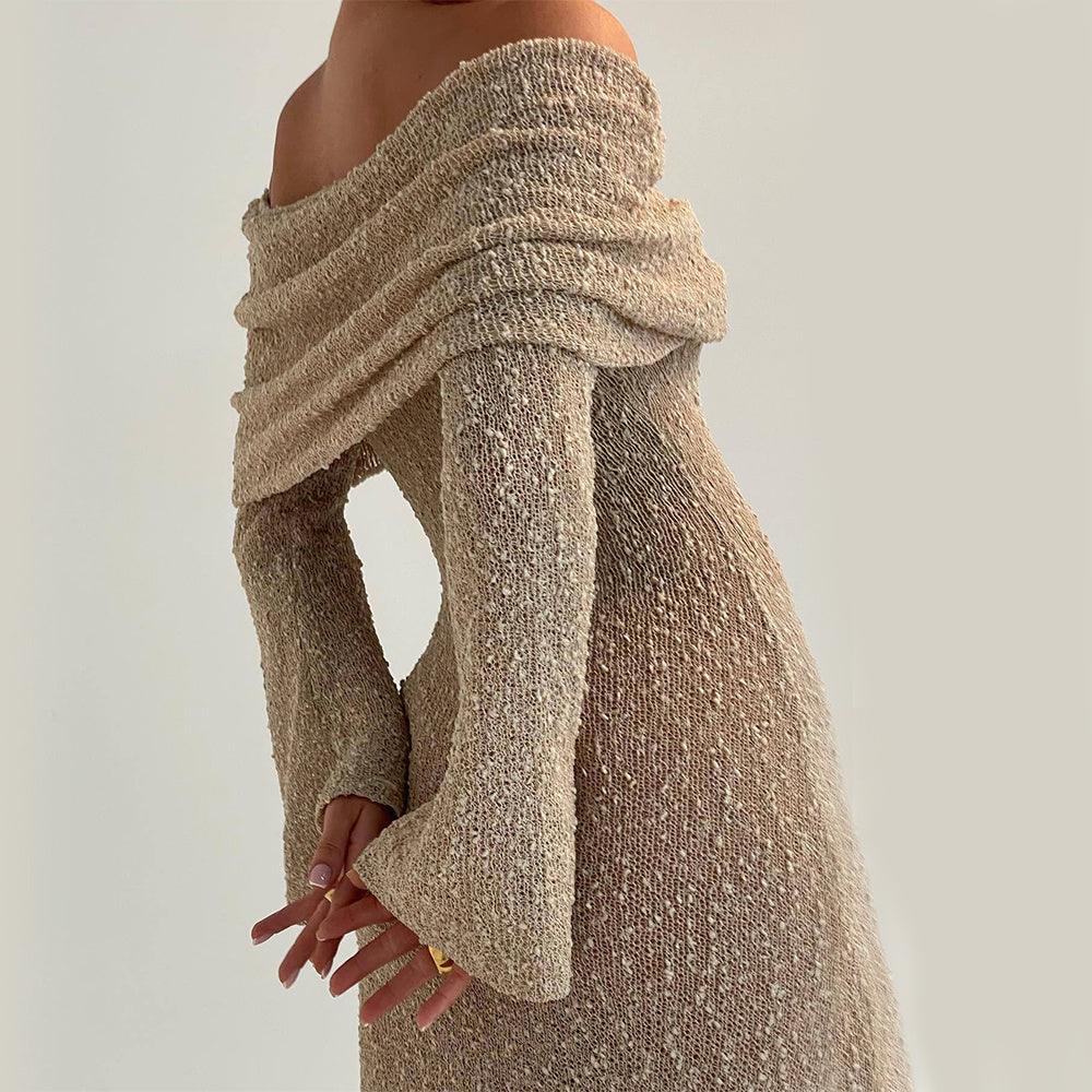 One-shoulder dress-New One-shoulder Knitted Long-sleeved Dress Sexy Beach Holiday Long Dresses Womens Clothing-shopluxelook.store