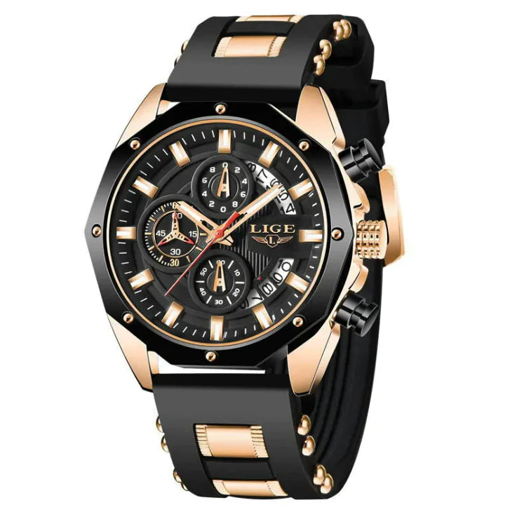 Luxury Silicone Sport Chronograph Watch - Gold Black