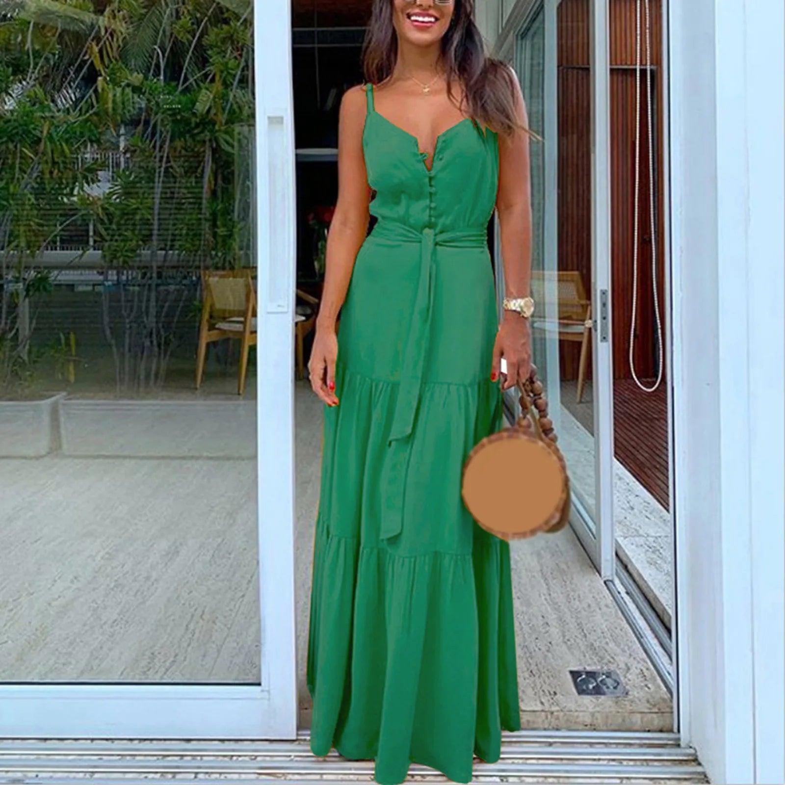 party elegant maxi dress-Party Elegant Sexy Maxi Summer Dresses Women V Neck Button White Beach Dress Belt High Waist Boho Sling Long Dress Femme Robe-shopluxelook.store