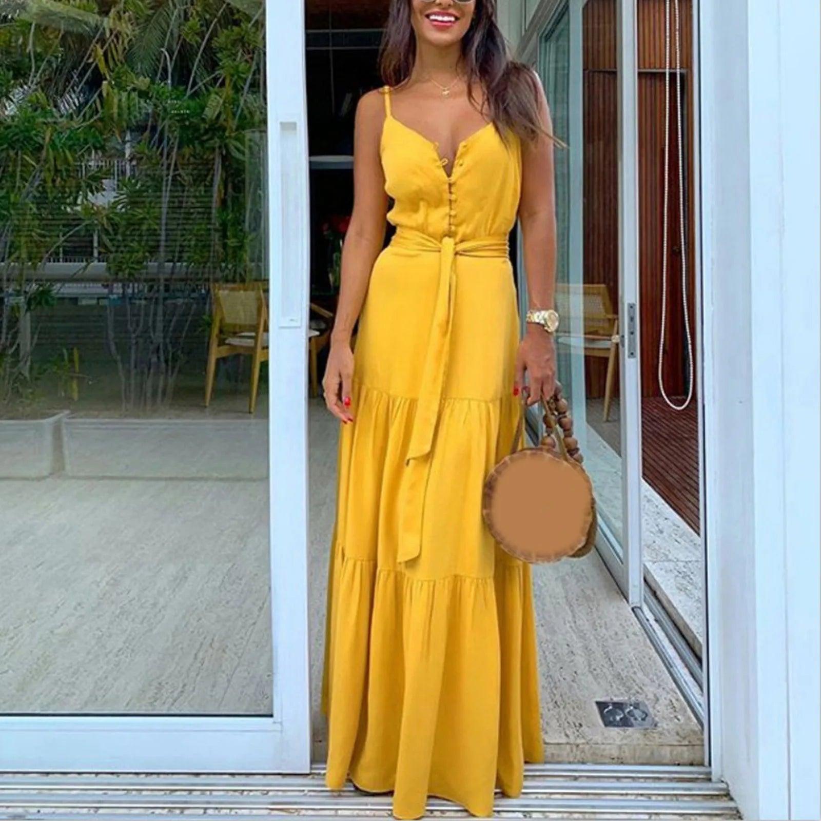 party elegant maxi dress-Party Elegant Sexy Maxi Summer Dresses Women V Neck Button White Beach Dress Belt High Waist Boho Sling Long Dress Femme Robe-shopluxelook.store