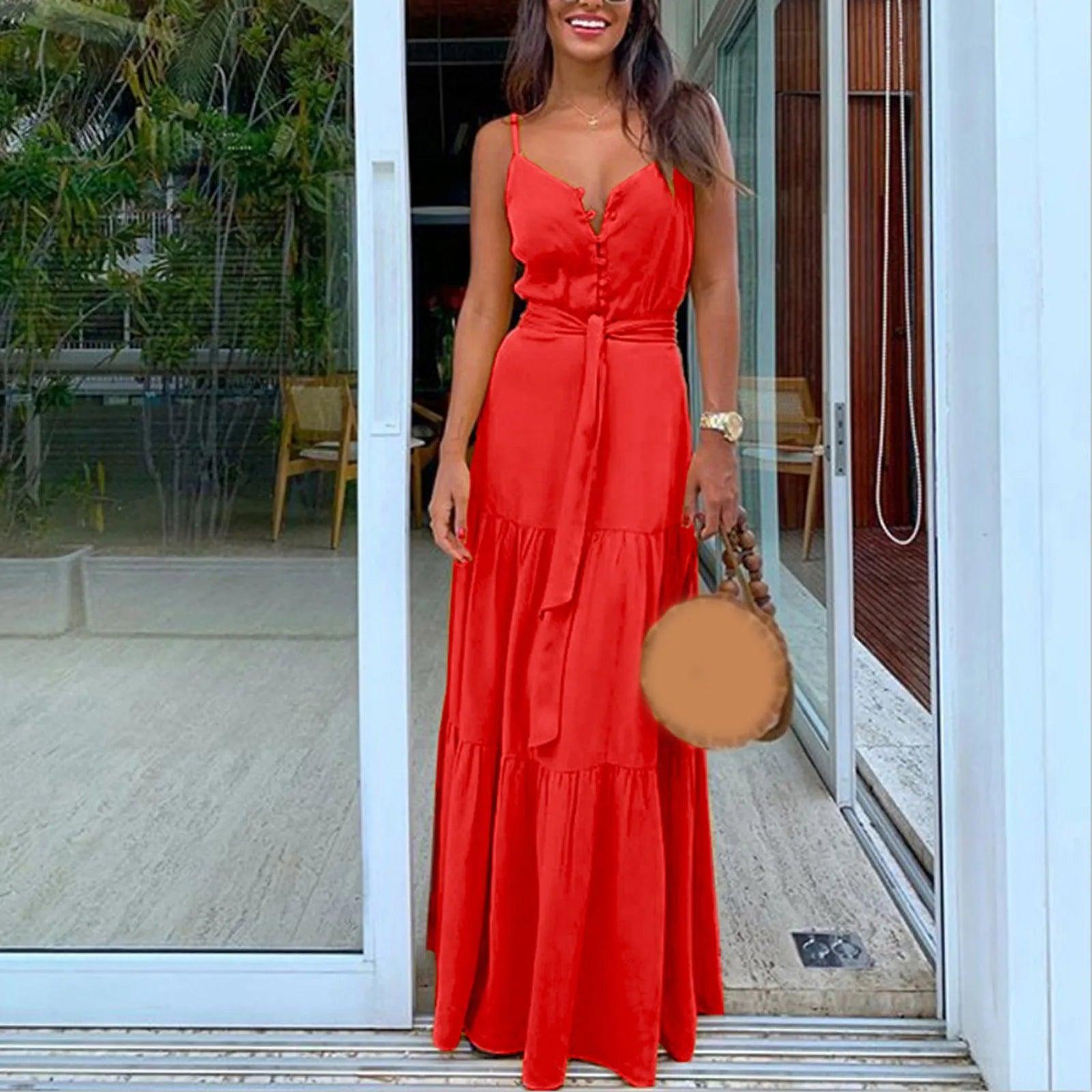 party elegant maxi dress-Party Elegant Sexy Maxi Summer Dresses Women V Neck Button White Beach Dress Belt High Waist Boho Sling Long Dress Femme Robe-shopluxelook.store